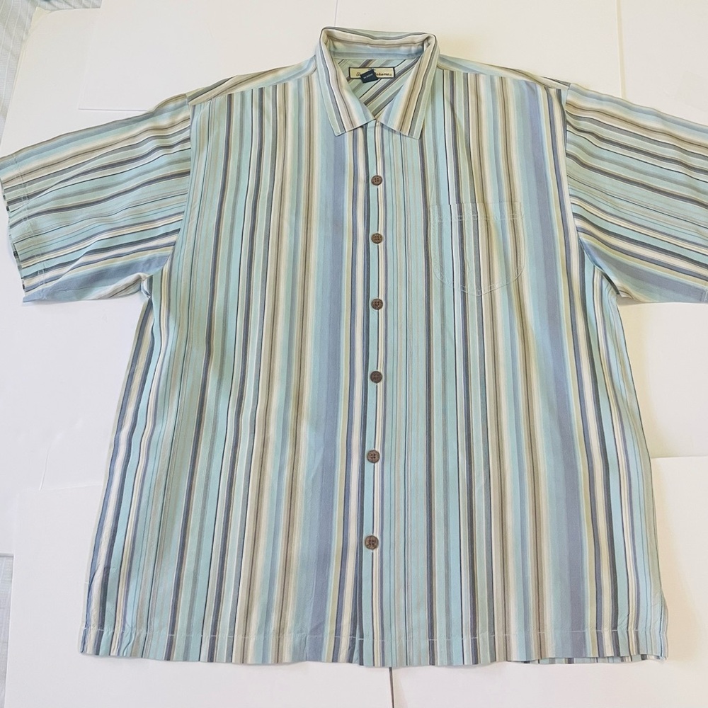 Tommy Bahama Shirt Men’s 100% Silk Striped Button Up Short Sleeve Size XL